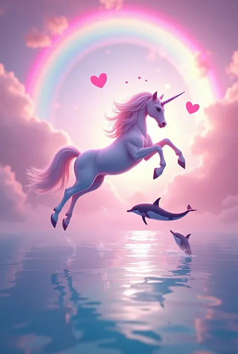 
A unicorn jumping in the air but seen from the side and the dolphins are also jumping in the air with the pink sky and the sea and with a rainbow and hearts