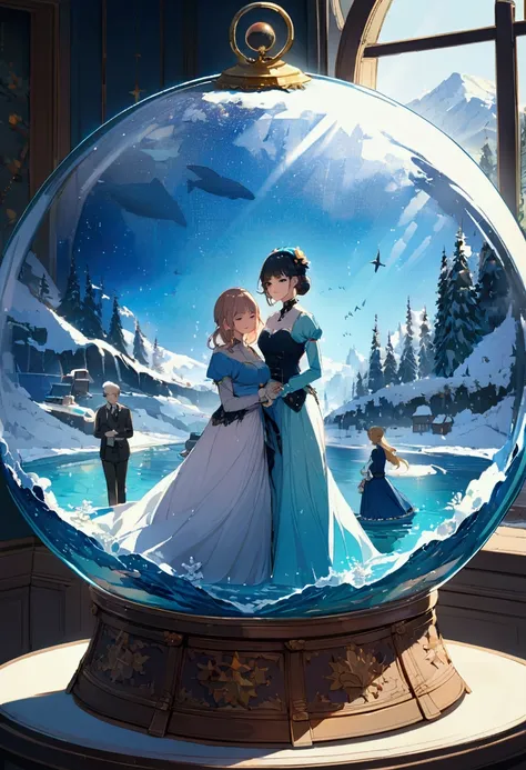 A snow globe, but in fact the globe is covered with water instead of snow and is under the ocean on a clear day. inside the globe there are three people, being two women and one man