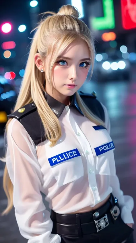 ((Highest quality)), ((masterpiece)), (detailed), high ponytail long hair, ((Blonde hair)), Beautiful girl, Very Cute Eyes, Green eyes, False eyelashes, (((Watery eye))), (Blushed:1.3), Glossy thick lips, piercings, white skin, (police officer), damaged cl...