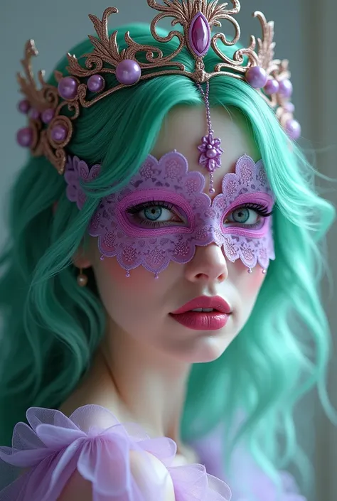 a woman with green hair and a lilac crown, wearing a pink mask covering her entire face, intricate detailed face, detailed eyes, detailed lips, beautiful ornate headpiece, elegant pose, fantasy, digital art, 8k, highly detailed, cinematic lighting, dramati...