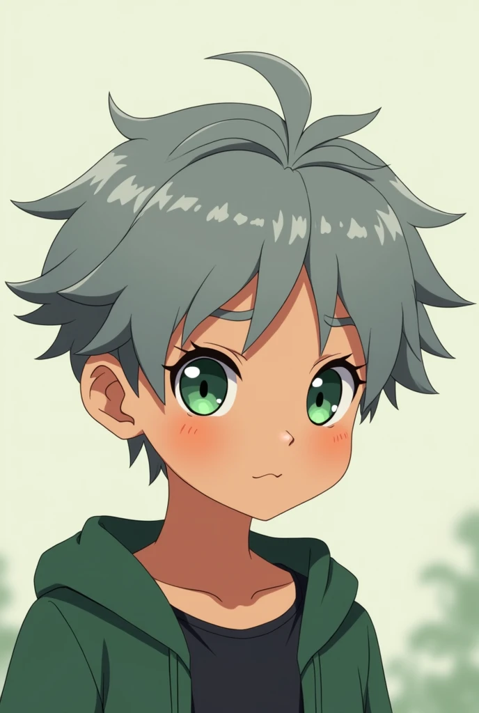 Create a gray-haired, green-eyed, brown-skinned boy in anime style