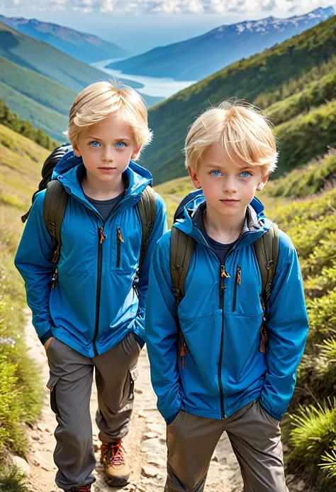 2 boy with blond hair blue eyes in hiking clothes 