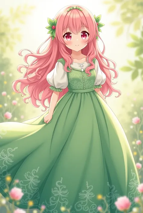 an anime girl with a more chubbier body, a very pale slin and bright pink eyes. she has long, light pink curly hair and wears a long green dress. tht top part of the dress is white while the bottom is green with a lot of details de resemble nature.