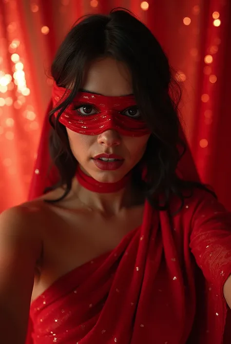 Aesthetic girl bllindfolded duct taped gagged  in red sparkling shimmering saree taking a selfie 