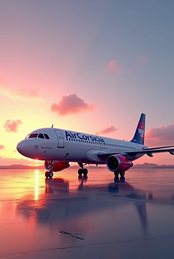 (photorealism:1.2), a beautiful Air Corsica Airbus A320 at sunset