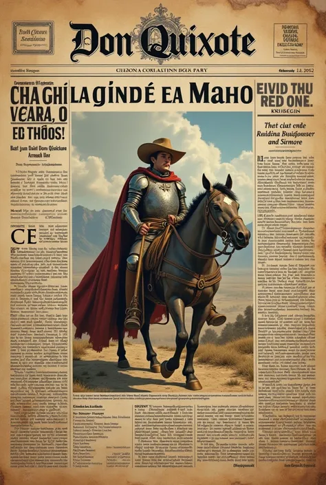 Create a text on newspaper that says &quot;Don Quixote de la Mancha&quot;

