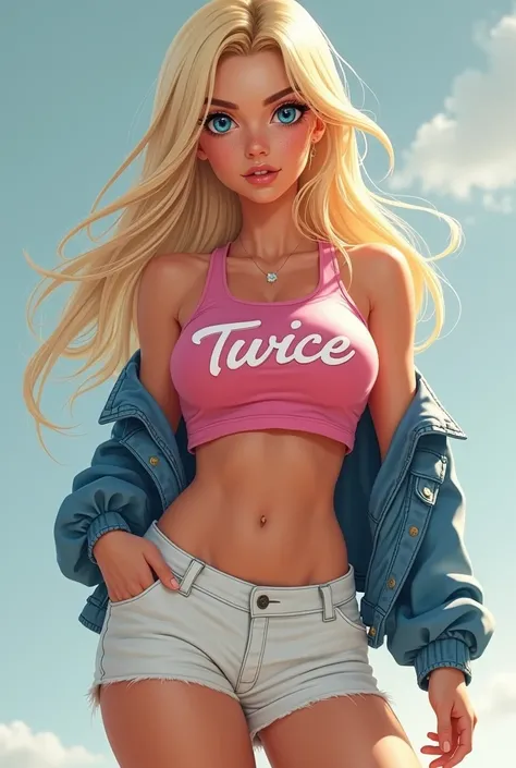 A white woman, blonde, Bullish, blue eyes and a little big, with a few freckles on her face, with a little biceps, long hair without bangs, She is wearing a pink crop top with the word TWICE on it, She is also wearing white shorts and a denim jacket. PICTU...