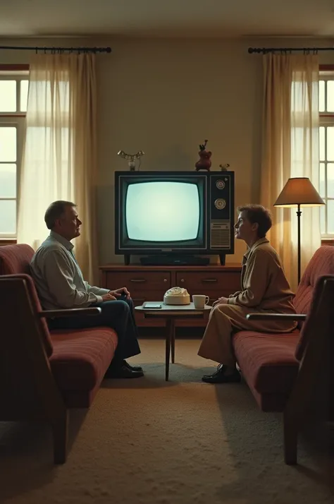 A 1960s living room with a black-and-white TV and rotary phone.*