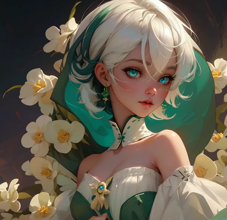 envision a 8k, highres, cinematic, beautiful close up portrait of a short girl named Cecilia Immergreen with multicolored hair, green eyes, doll joints, joints, bare shoulders, detached sleeves, hair between eyes, white hair, dressagainst a dark background