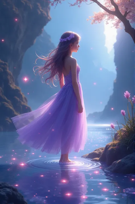 A girl falling into the world of magic, the landscape is incredibly beautiful, uplit, with rivers, and stars floating in the waters, bright sky, and the girl is wearing a beautiful lilac dress and purple glitter hair