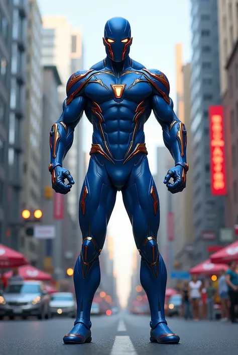 Create a superhero with a blue suit and other colors And that is not super man with a running robotic armor 