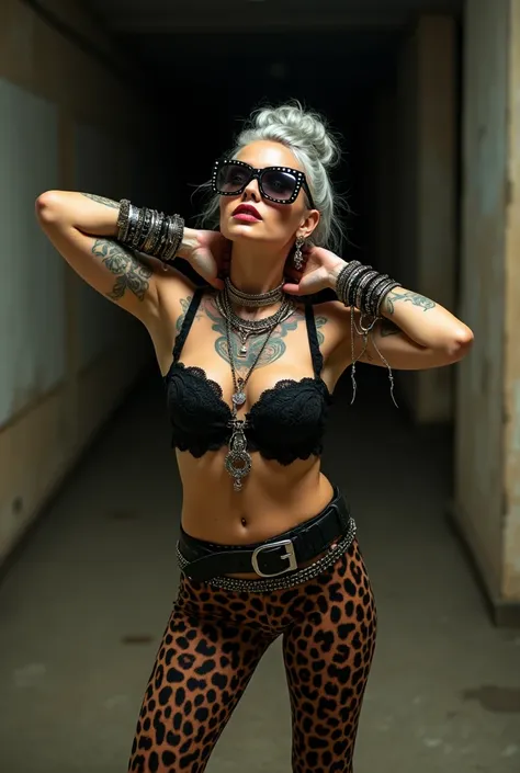 russian milf woman,  grey hair (bouffant, top bun) and oversized square sunglasses and wide  colourful bandana as headband, with very light green eyes, extremely pale. Big lips.  Black lace push up bra, silicone breast,, skintight leopard print leggings. F...