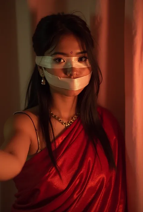 Aesthetic girl bllindfolded duct taped gagged over mouth  in red shimmering saree taking a selfie 