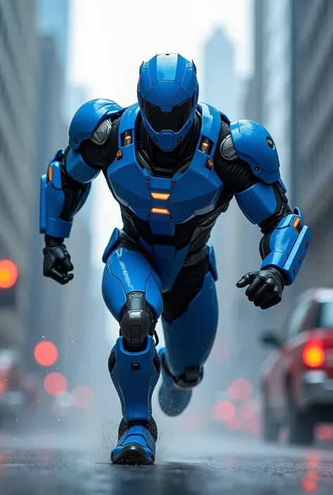 Create a superhero with a blue suit and other colors And that is not super man with a robotic armor and that he is running to save people