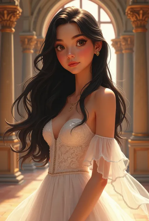 20 year old Disney-like black haired woman with brown eyes and long hair wearing elegant white dress in a castle real photo 