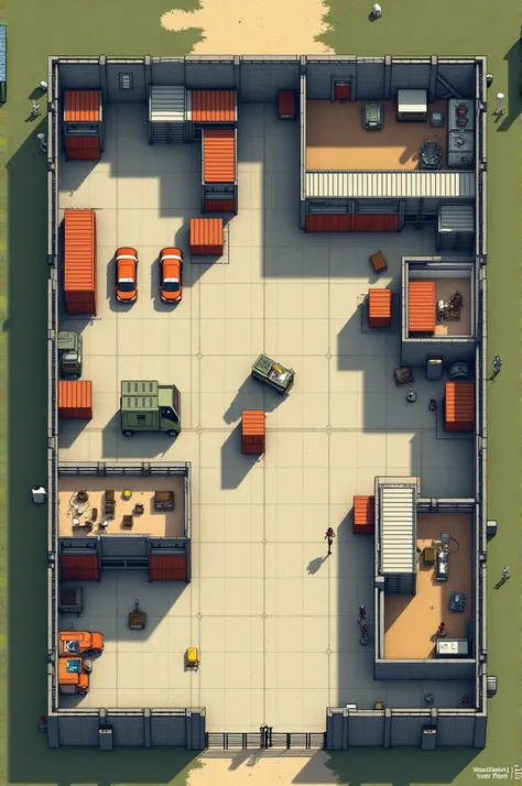 External Map:Draw the perimeter of the warehouse with the fences around it.Add entrance gates and parked vehicles.Mark the position of security cameras and guards.Internal Map:Sketch the ground floor of the warehouse, with open space, containers e a mesa c...