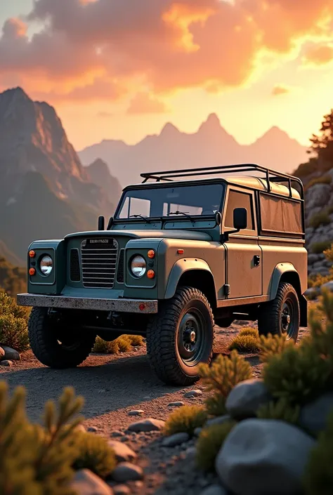 (photorealism:1.2) a beautiful old land rover defender sw110 in the mountains at sunset