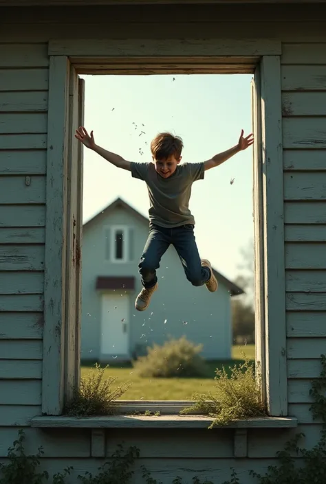 Boy jumping out of house window