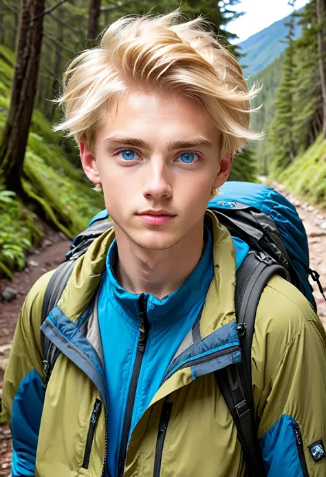 Twenty year old boy with blond hair blue eyes in hiking clothes 