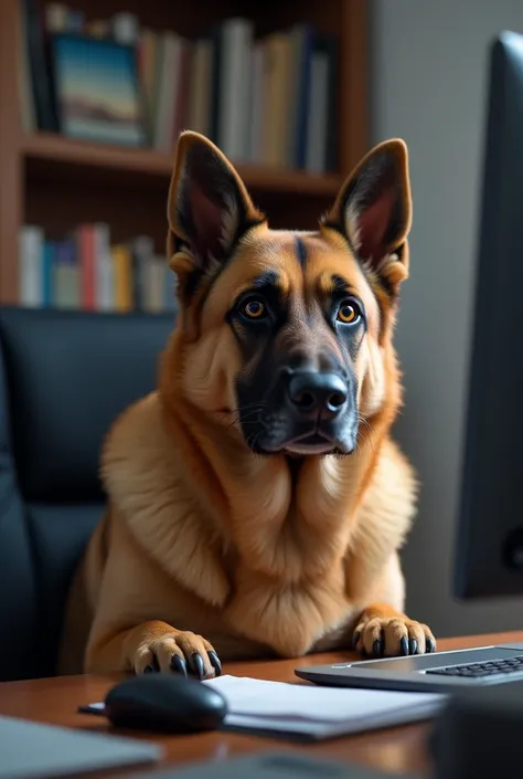 A dog looking at a computer with a serious and concentrated face.
