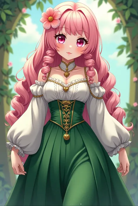 an anime woman with a chubby body, very pale skin and bright pink eyes with heart-shaped pupils. she has long, light pink hair that is very curly, and wears a long green dress. the top shirt part of the dress is white with long sleeves, while the bottom sk...