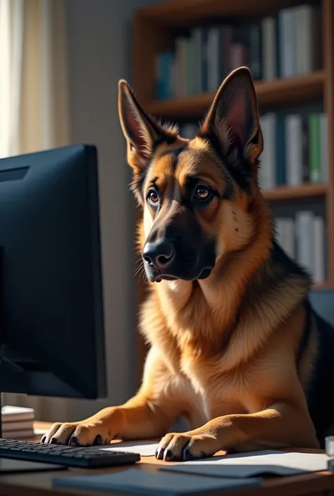 A dog looking at a computer with a serious and concentrated face.
