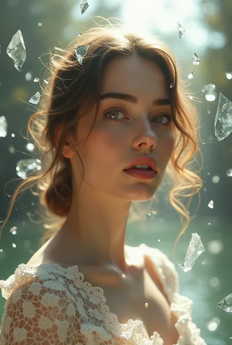 best quality, 4k, highres, masterpiece, ultra-detailed, realistic, woman in white lace dress, fragments broken glass floating in air, bright sun colors, shallow depth of field, soft atmospheric scenes, powerful portraits, perfect anatomy, best quality, hig...