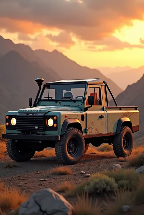 (photorealism:1.2) a beautiful old land rover defender pick-up with logo in the mountains at sunset