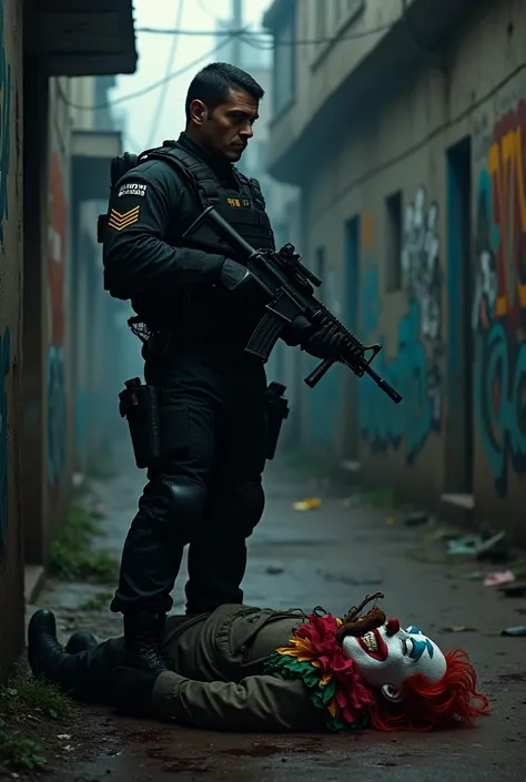 A Brazilian military police officer all in black with a rifle in his hand in a dark alley a dead clown lying on the ground, on the wall of the alley there is the name GTO