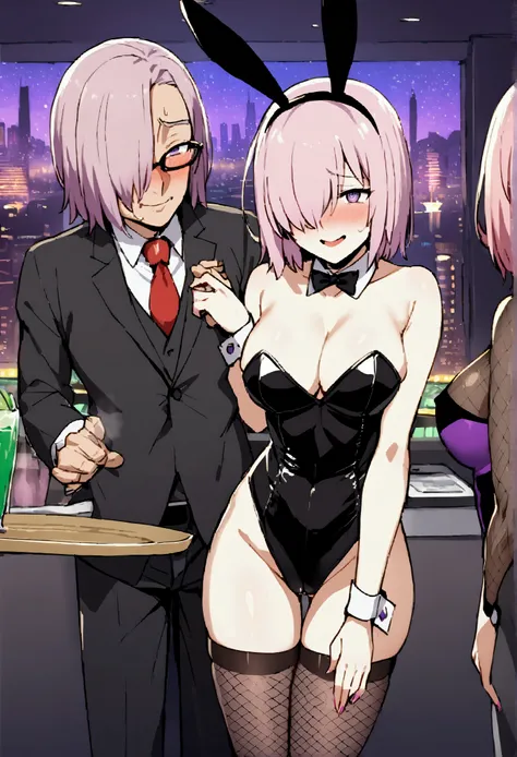 NSFW,masterpiece,Highest quality,High resolution,Very detailed,Mash Kyrielight(Fate/grandorder),short hair,Purple Eyes,Pink Hair,(Hair over one eye:1.2),Glasses,(Playboy Bunny),Fishnet tights,tray,Nightlife,cyber punk,casino,Lustful face,Embarrassed,Bitter...