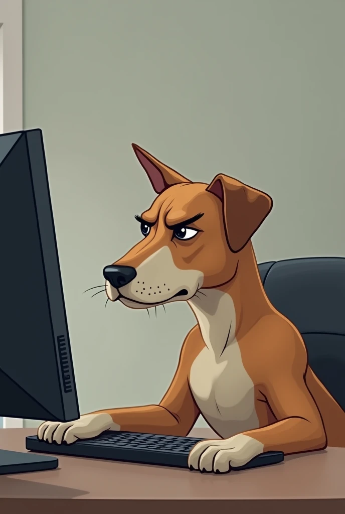 A dog looking at a computer with a serious and concentrated face.
Meme type and it doesn&#39;t look saturated but the dog is serious