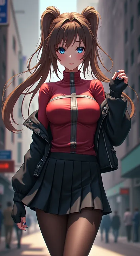 rin tohsaka, masterpiece, 8k, high quality, full body, small medium thighs, slim waist, sexy well-defined body, rin, blue eyes, brown hair, long hair, two sides up, parted bangs, hair ribbon black, red sweater, turtleneck, long sleeves, cross pattern, blac...