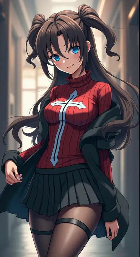 rin tohsaka, masterpiece, 8k, high quality, full body, small medium thighs, slim waist, sexy well-defined body, rin, blue eyes, brown hair, long hair, two sides up, parted bangs, hair ribbon black, red sweater, turtleneck, long sleeves, cross pattern, blac...