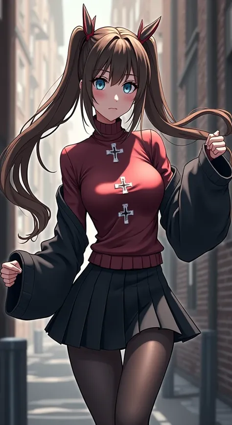 rin tohsaka, masterpiece, 8k, high quality, full body, small medium thighs, slim waist, sexy well-defined body, rin, blue eyes, brown hair, long hair, two sides up, parted bangs, hair ribbon black, red sweater, turtleneck, long sleeves, cross pattern, blac...