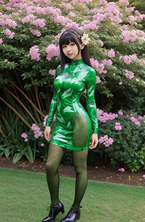 Auralune　Blended with flowers　Rubber Dress　green　Full body floral pattern　costume　光沢のRubber Dress　Slime　latex　Enamel Zentai　Fishnet tights