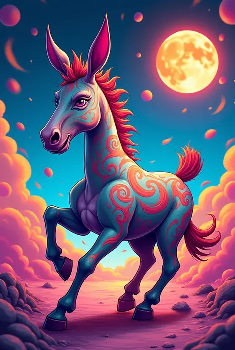 Create a psychedelic, cartoon-style mule with slightly exaggerated but more realistic features, vibrant colors, and swirling patterns. The mule should have a dynamic, energetic expression, capturing a lively and adventurous spirit. Use bright, neon colors ...