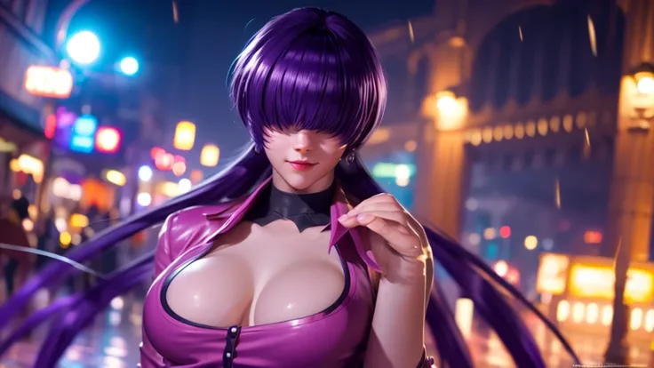 (at night), alone, in a video game scene a background of a beautiful city during the day raining, standing at attention, purple hair, ((purple hair)), 1 girl, alone, 20 years old, young woman, perfect hands , beautiful and perfect symmetrical fingers, beau...