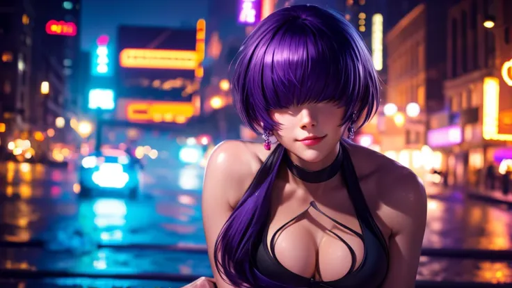 (at night), alone, in a video game scene a background of a beautiful city during the day raining, standing at attention, purple hair, ((purple hair)), 1 girl, alone, 20 years old, young woman, perfect hands , beautiful and perfect symmetrical fingers, beau...