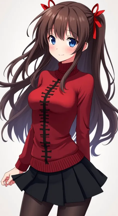 rin tohsaka, masterpiece, 8k, high quality, full body, small medium thighs, slim waist, sexy well-defined body, rin, blue eyes, brown hair, long hair, two sides up, parted bangs, hair ribbon black, red sweater, turtleneck, long sleeves, cross pattern, blac...