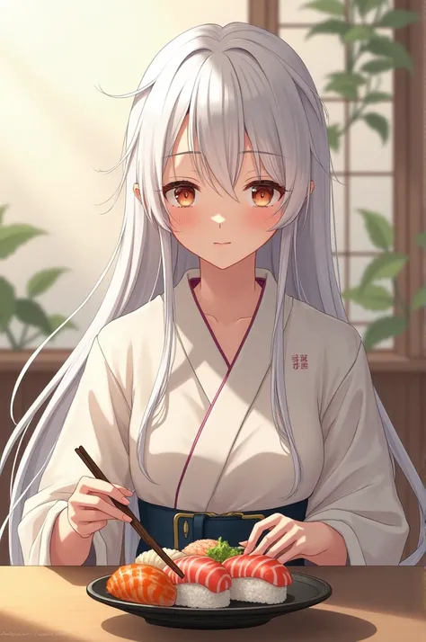  white long haired girl eating sushi 