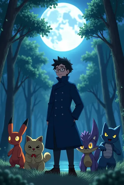 Pokemon trainer in navy blue overcoat, clean shaven and black hair, round glasses accompanied by the following Pokémon: Zoroark, Stoutland, gogoat, meowstic, ursaluna e hydreigon. All with a moonlit forest in the background.
