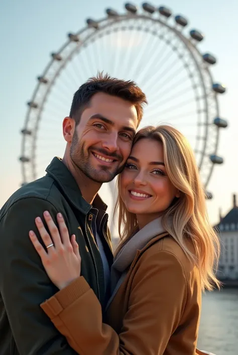 A couple hugging in front of the London Eye,  taking a profile selfie man brown hair and eyes,  blonde woman with green eyes 8k ultra realistic photorealistic 