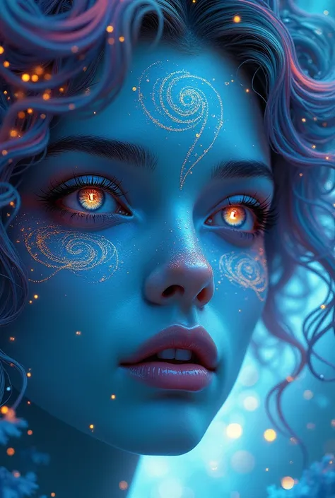 a close-up of a beautiful female comic being with spiral patterns on her blue face with a colorful nebula in the background 