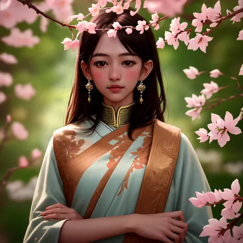 A beautiful girl in a lush garden, photo-realistic, 8k, extremely detailed, masterpiece, cinematic, shallow depth of field, cherry blossom tree, brown hair, flower crown, realistic jewelry, detailed eyes, lips and nose, chinese dress, hidden fingers, hidde...