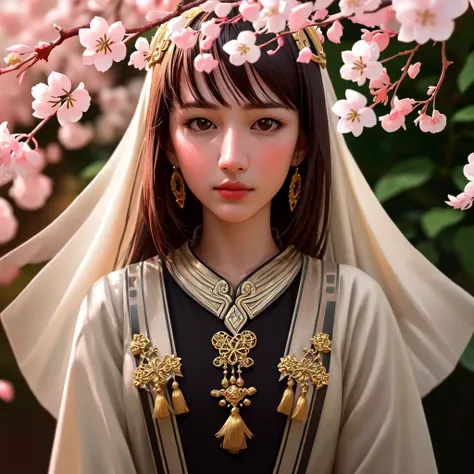 A beautiful girl in a lush garden, photo-realistic, 8k, extremely detailed, masterpiece, cinematic, shallow depth of field, cherry blossom tree, brown hair, flower crown, realistic jewelry, detailed eyes, lips and nose, chinese dress, hidden fingers, hidde...