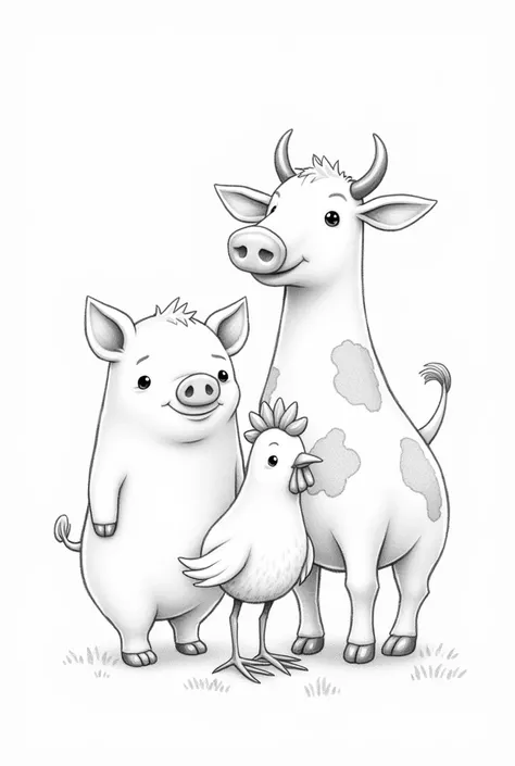 IMAGE OF A PIG, cow, HEN posing in pencil
