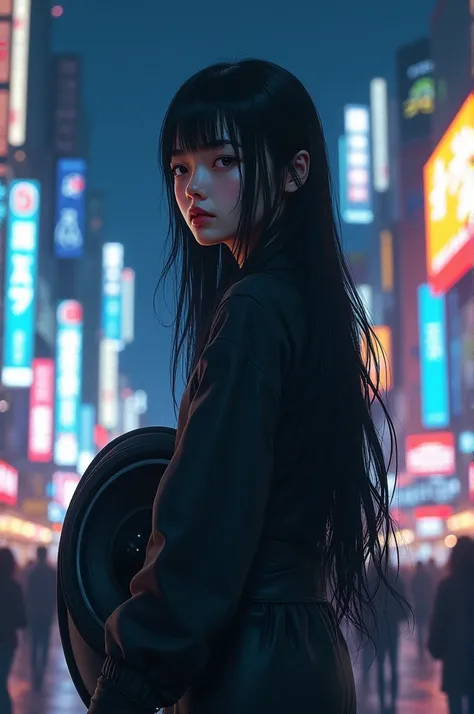 アニメ , realisitic , long haired japanese woman with speaker , big city night, Japan.