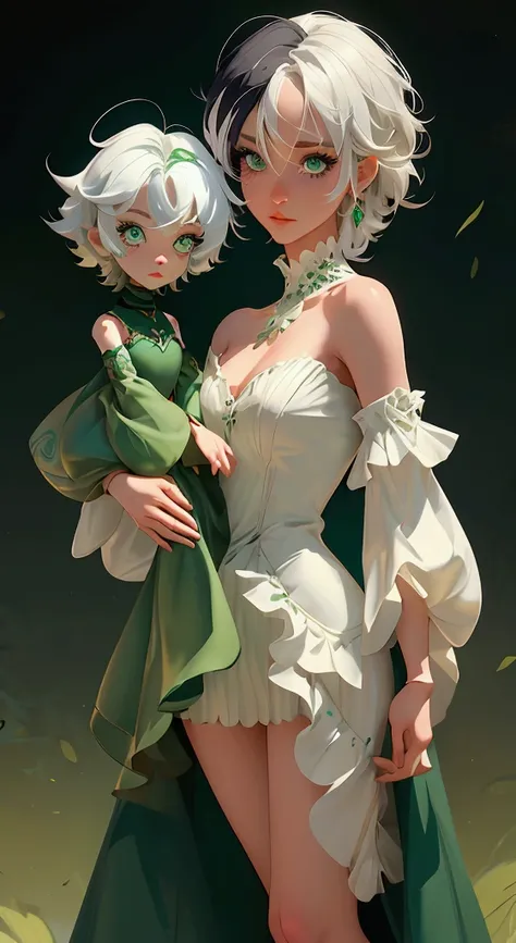 envision a 8k, highres, cinematic, beautiful full body design sheet of a short girl named Cecilia Immergreen with multicolored hair, green eyes, doll joints, joints, bare shoulders, detached sleeves, hair between eyes, white hair, dress against a dark back...