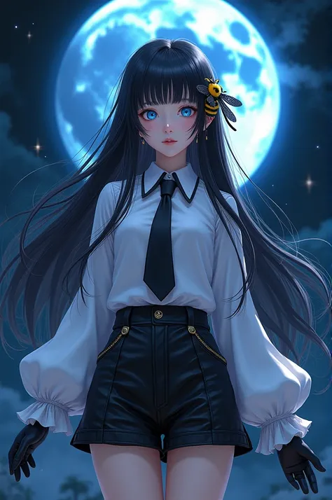 Godmother Girl with long black hair and blue eyes, with white blouse as big sleeve, with black tie with black gloves ,with black leather shorts with a bee accessory in her hair Background a blue full moon on a black background with several portals
