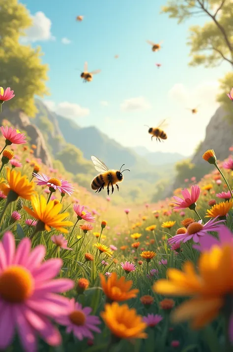 A beautiful landscape and flowers and bees 